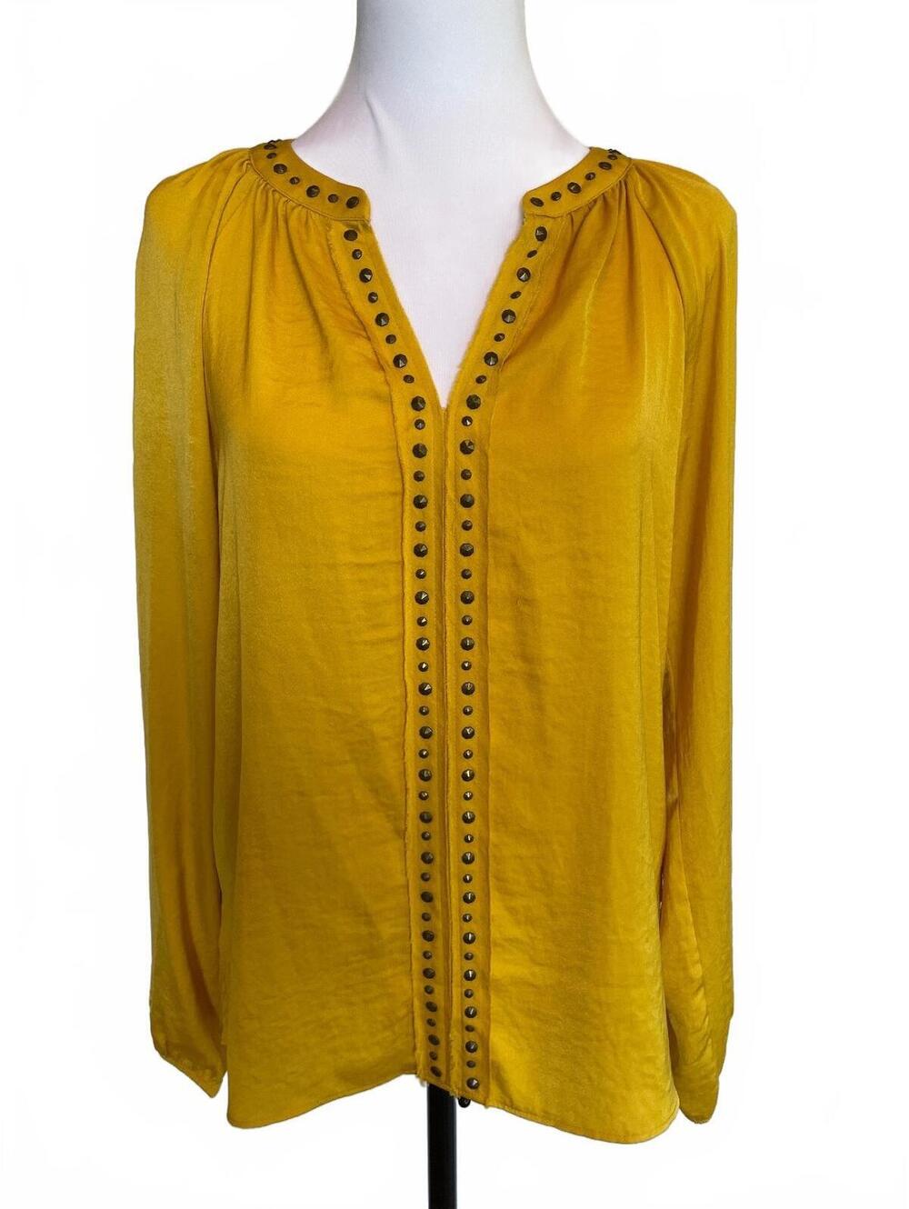 Vince Camuto Mustard Studded Blouse S Boho Western Rocker Split Neck Long Sleeve